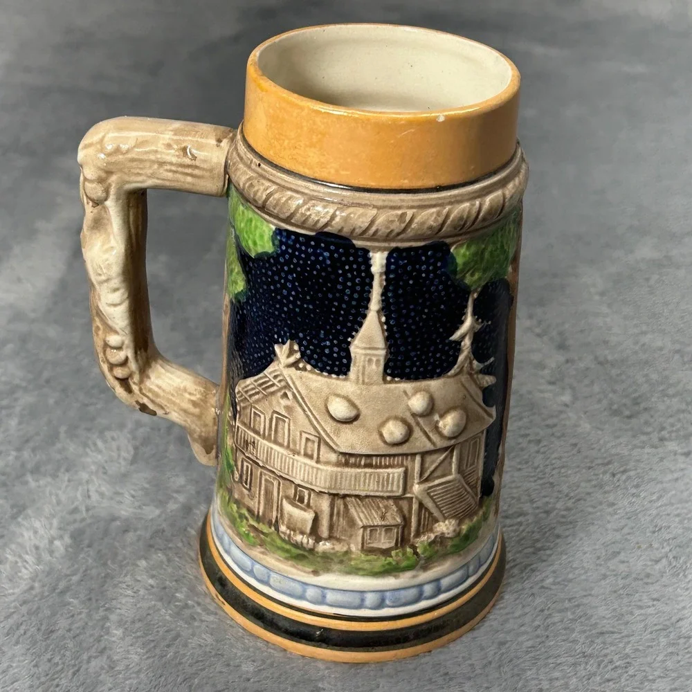 Vintage Crown Japan Ceramic Beer Stein Bavarian Dancing Couple Alpine Scene 6.5